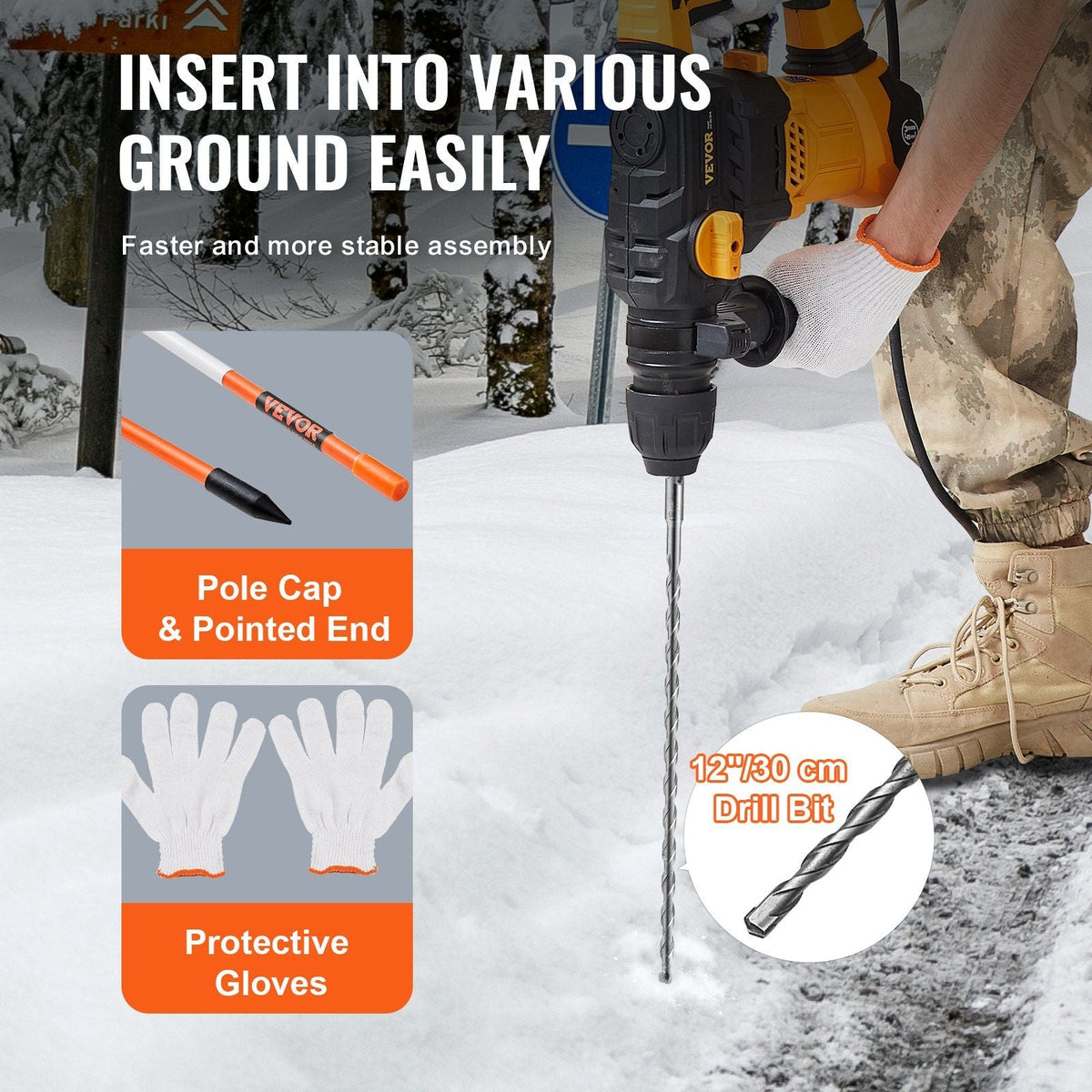Driveway Markers, 30 PCS 48 inch, 0.4 inch Diameter, Orange Fiberglass Poles Snow Stakes with Reflective Tape, 12" Steel Drill Bit & Protection Gloves for Parking Lots, Walkways Easy Visibility