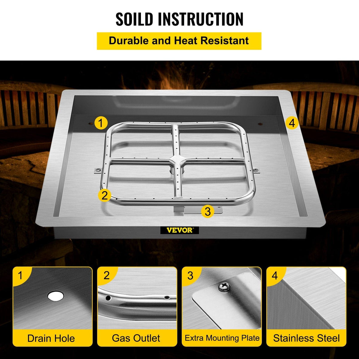 Drop in Fire Pit Pan, 18" x 18" Square Fire Pit Burner, Stainless Steel Gas Fire Pan, Fire Pit Burner Pan w/ 1 Pack Volcanic Rock Fire Pit Insert w/ 90K BTU for Keeping Warm w/ Family & Friends