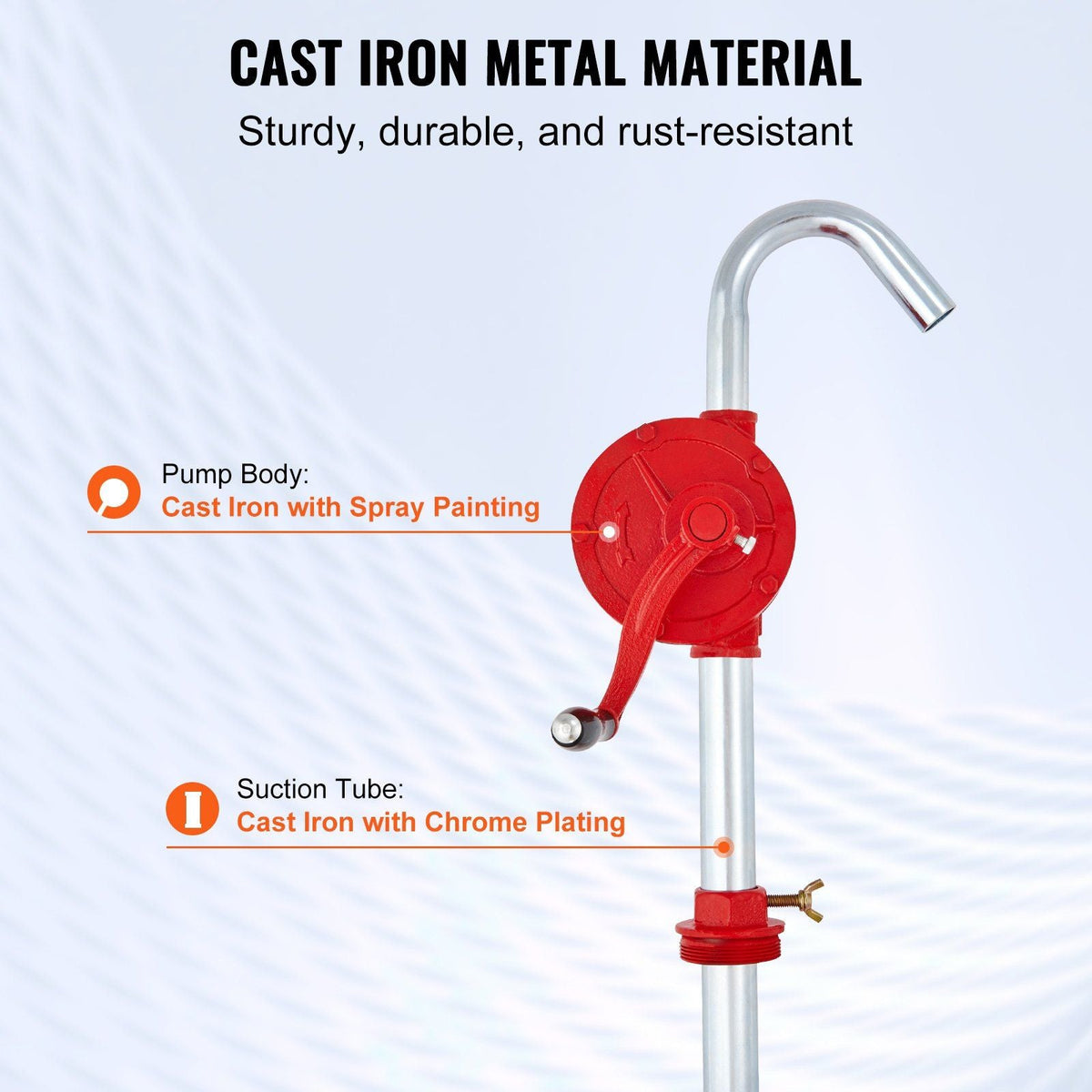 Drum Pump, 5 GPM Flow, Rotary Barrel Pump Hand Crank, Fits 5 to 55 Gallon Drums with 3-Section Suction Tube Assembly and Hose, Designed to Transfer Fuel, Engine Oil, Diesel, Kerosene, Cast Iron