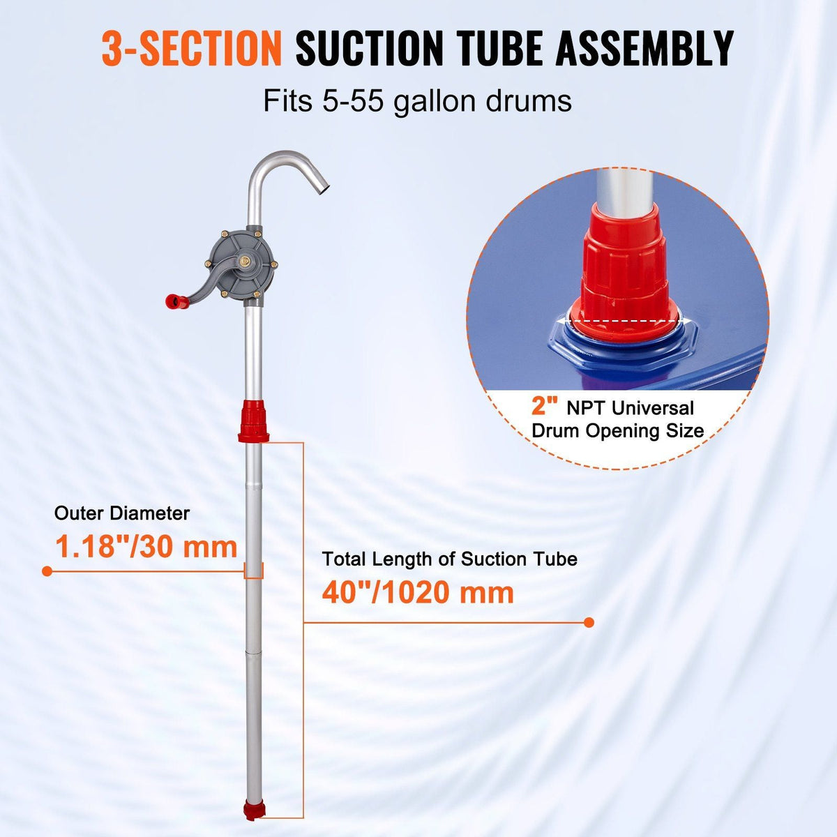 Drum Pump, 6 GPM Flow, Rotary Barrel Pump Hand Crank, Fits 5 to 55 Gallon Drums with 3-Section Suction Tube Assembly and Hose, Designed to Transfer Fuel, Oil, Diesel, Kerosene, Aluminum Alloy