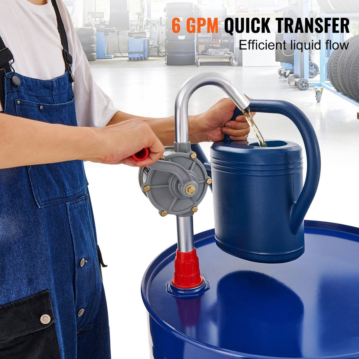 Drum Pump, 6 GPM Flow, Rotary Barrel Pump Hand Crank, Fits 5 to 55 Gallon Drums with 3-Section Suction Tube Assembly and Hose, Designed to Transfer Fuel, Oil, Diesel, Kerosene, Aluminum Alloy