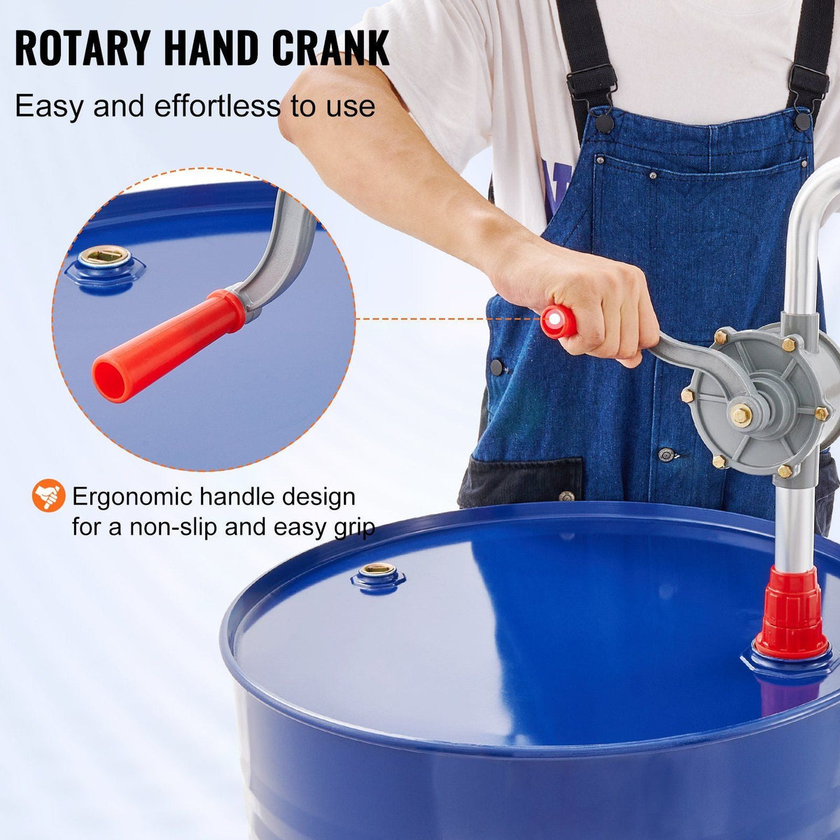 Drum Pump, 6 GPM Flow, Rotary Barrel Pump Hand Crank, Fits 5 to 55 Gallon Drums with 3-Section Suction Tube Assembly and Hose, Designed to Transfer Fuel, Oil, Diesel, Kerosene, Aluminum Alloy