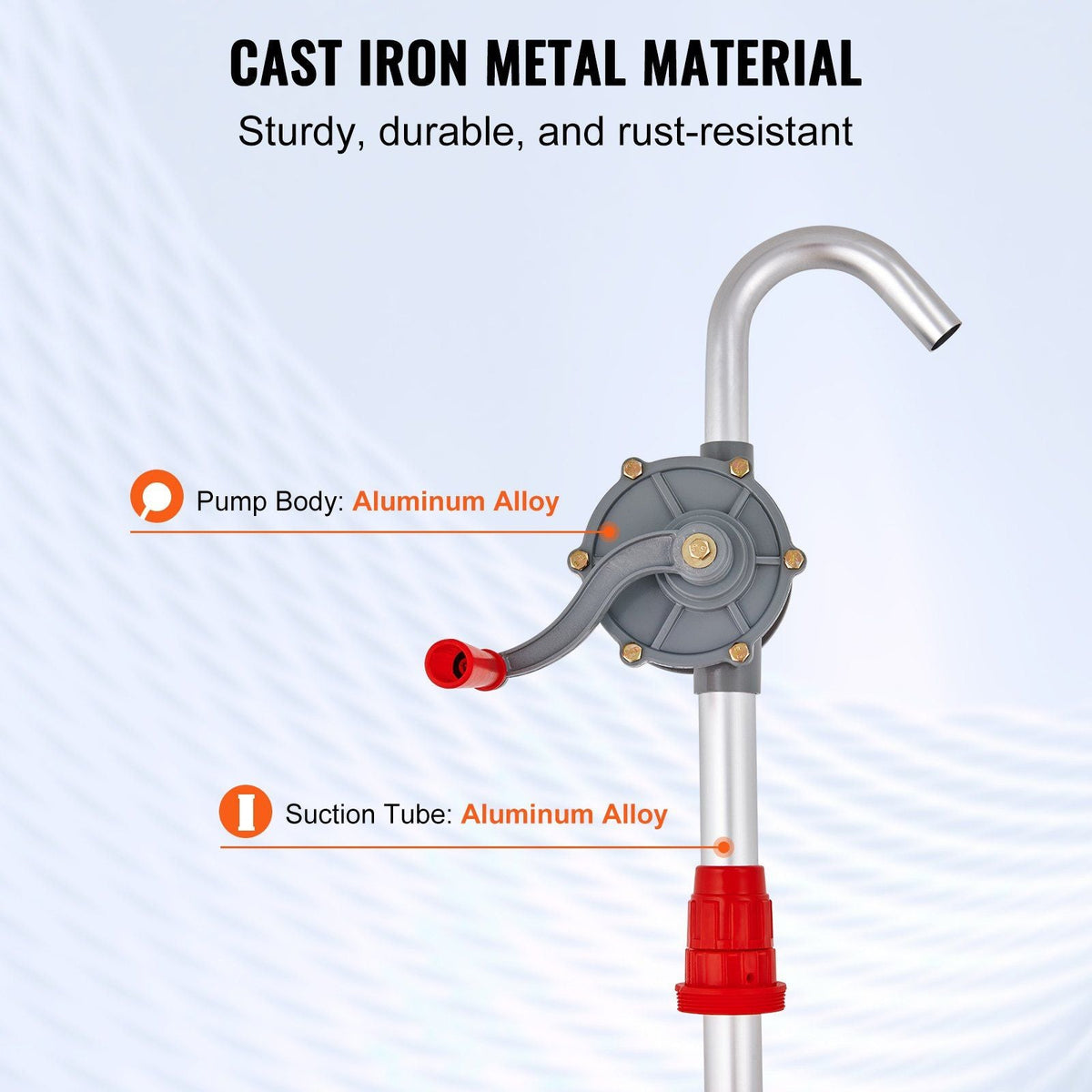 Drum Pump, 6 GPM Flow, Rotary Barrel Pump Hand Crank, Fits 5 to 55 Gallon Drums with 3-Section Suction Tube Assembly and Hose, Designed to Transfer Fuel, Oil, Diesel, Kerosene, Aluminum Alloy