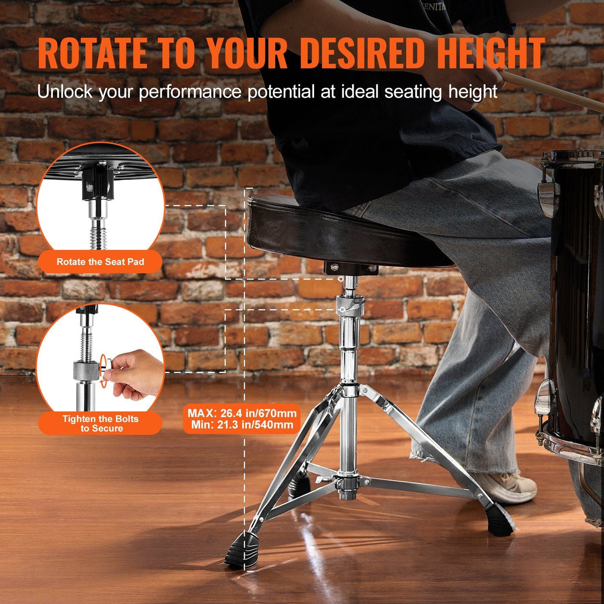 Drum Throne, 21.3-26.4 in / 540-670 mm Height Adjustable, Padded Drum Stool Seat with Anti-Slip Feet 5A Drumsticks 500 lbs / 227 kg Maximum Weight Capacity, 360° Swivel Drum Chair for Drummers
