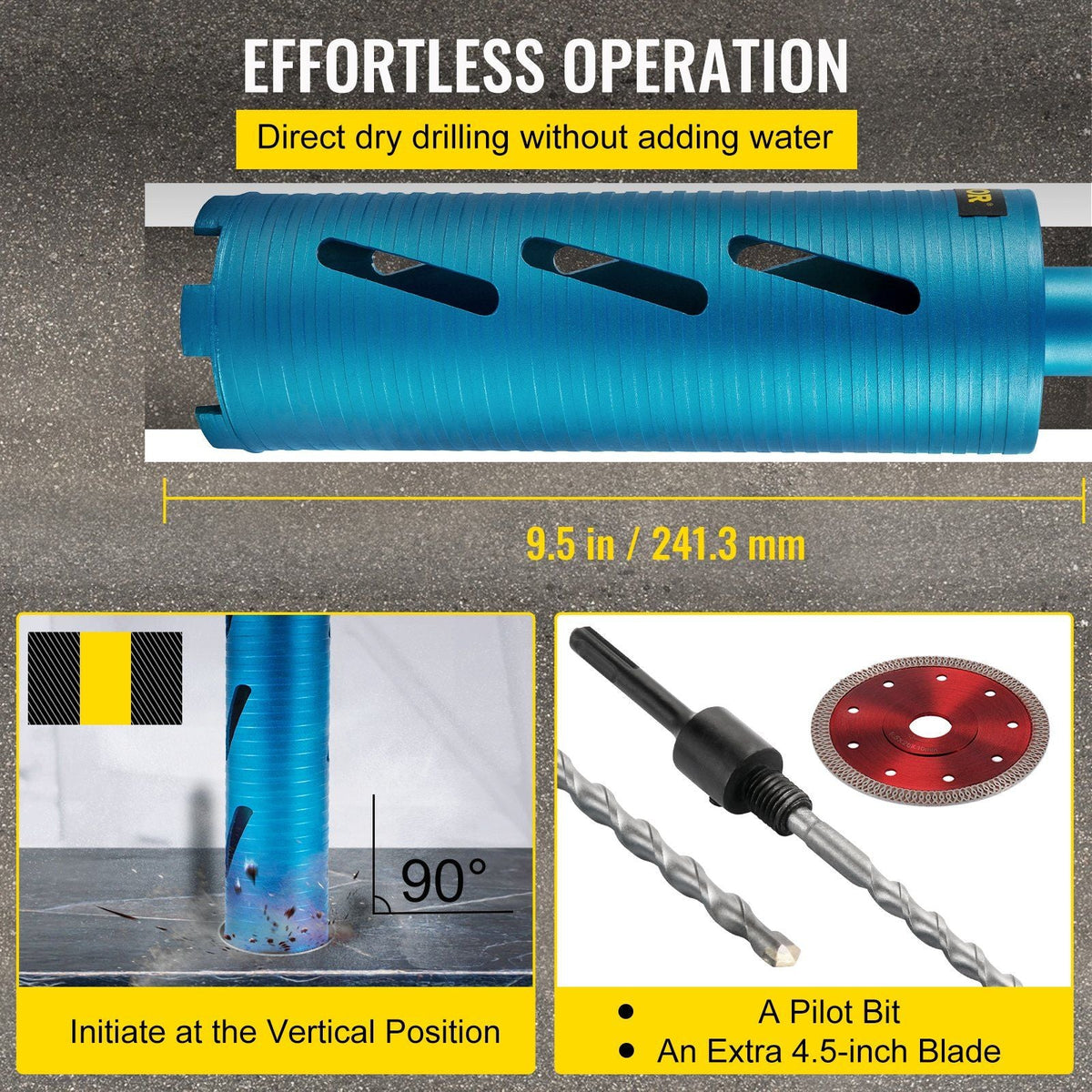 Dry Core Drill Bit, 3.5" / 88.9 mm Diameter 5/8"-11 Threaded, 9.5" / 241.3mm Depth Diamond Coring Bore Tool with a Pilot Bit & 4.5" Blade, Masonry Hole Saw Bits for Hard Concrete Brick and Block