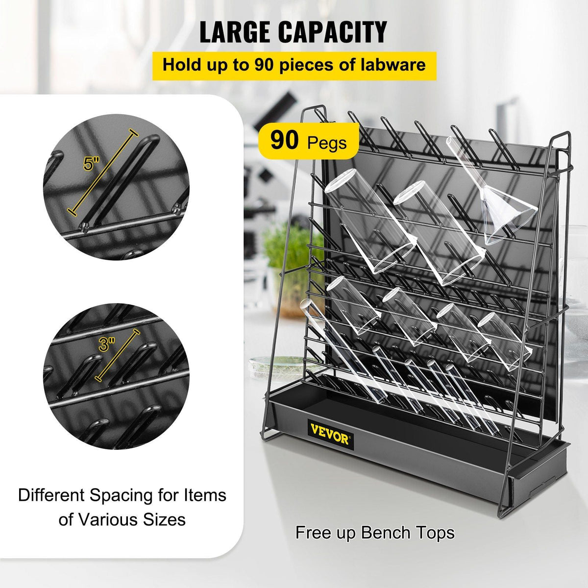 Drying Rack for Lab, 90 Pegs Lab Glassware Rack Steel Wire Glassware Drying Rack Wall-Mount/Free-Standing Detachable Pegs Lab Glass Drying Rack Black Cleaning Frame for School Laboratory