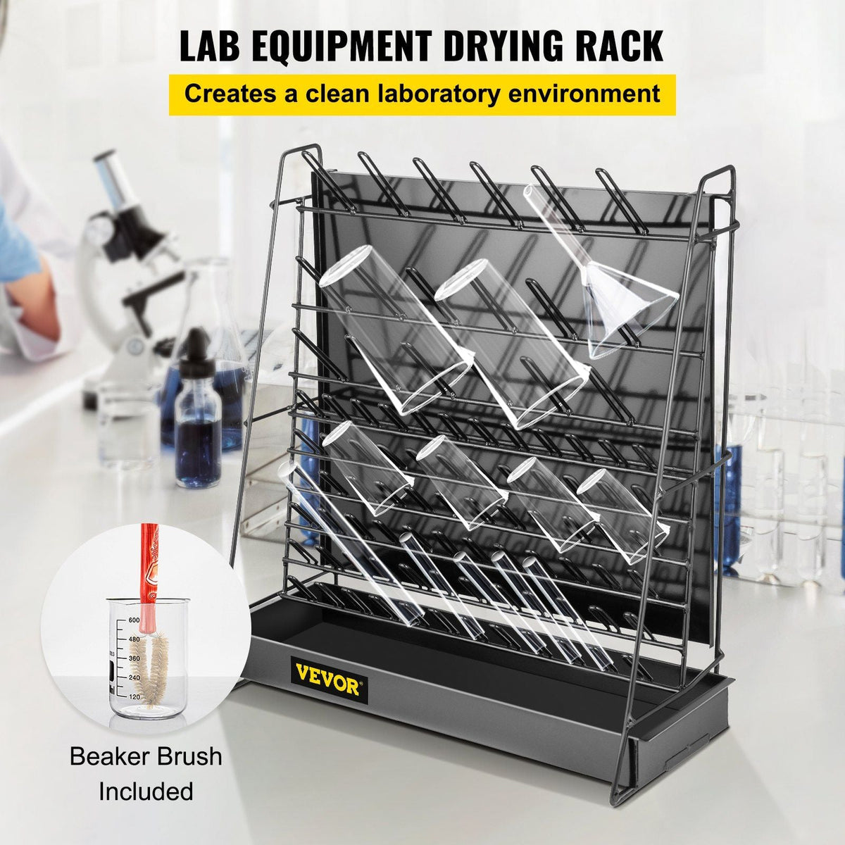 Drying Rack for Lab, 90 Pegs Lab Glassware Rack Steel Wire Glassware Drying Rack Wall-Mount/Free-Standing Detachable Pegs Lab Glass Drying Rack Black Cleaning Frame for School Laboratory