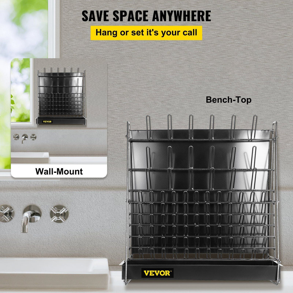 Drying Rack for Lab, 90 Pegs Lab Glassware Rack Steel Wire Glassware Drying Rack Wall-Mount/Free-Standing Detachable Pegs Lab Glass Drying Rack Black Cleaning Frame for School Laboratory