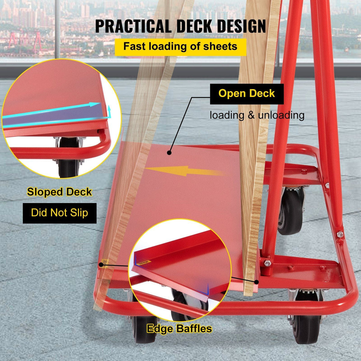 Drywall Cart, 45.3"L × 21.7"W × 31.5"H Drywall Sheet Carts with 2200 LBS/1 Ton Load Capacity, Heavy Duty Plasterboard Trolley w/ Four 5" Wheels, Service Dolly for Handling Sheetrock Sheet Panel