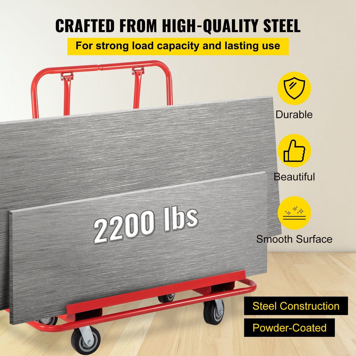 Drywall Cart, 45.3"L × 21.7"W × 31.5"H Drywall Sheet Carts with 2200 LBS/1 Ton Load Capacity, Heavy Duty Plasterboard Trolley w/ Four 5" Wheels, Service Dolly for Handling Sheetrock Sheet Panel