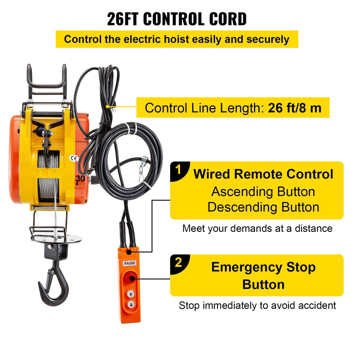 Electric Chain Hoist 230kg Capacity Electric Winch 507lbs with 98ft/30m Length Steel Wire Rope Remote Control Crane Overhead Electric Trolley with Pulley System 110 Volts 1 Phase