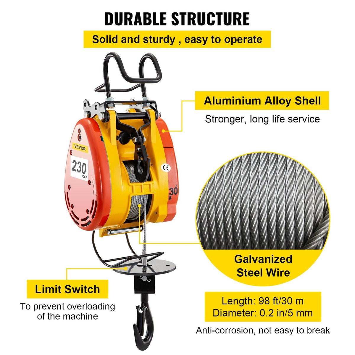 Electric Chain Hoist 230kg Capacity Electric Winch 507lbs with 98ft/30m Length Steel Wire Rope Remote Control Crane Overhead Electric Trolley with Pulley System 110 Volts 1 Phase