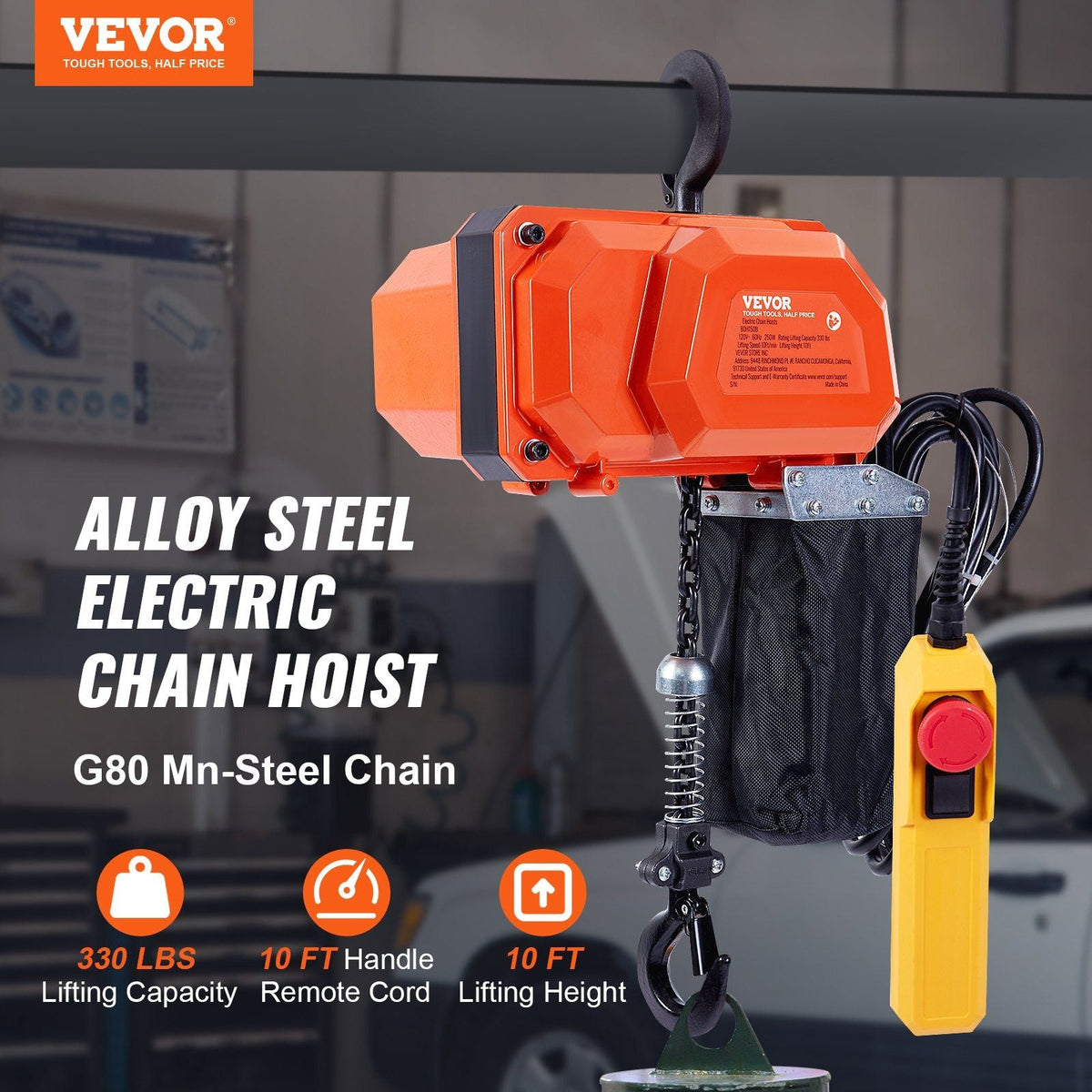Electric Chain Hoist, 330 lbs Load Capacity, 10 ft Lifting Height, 10 ft/min Speed, 120V, Single Phase Overhead Crane with G80 Chain, 10 ft Wired Remote Control for Garage, Shop, Hotel, and Home