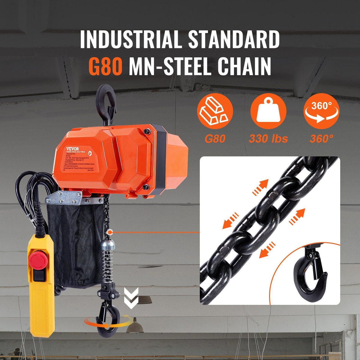 Electric Chain Hoist, 330 lbs Load Capacity, 10 ft Lifting Height, 10 ft/min Speed, 120V, Single Phase Overhead Crane with G80 Chain, 10 ft Wired Remote Control for Garage, Shop, Hotel, and Home
