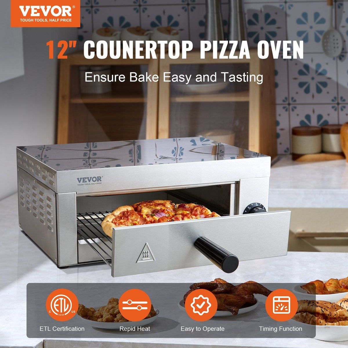 Electric Countertop Pizza Oven 12-inch, 1500W Commercial Pizza Oven with 0-60 Minutes Timer, Stainless Steel Pizza Maker with Removable Crumb Tray for Commercial and Home Use, ETL Certified