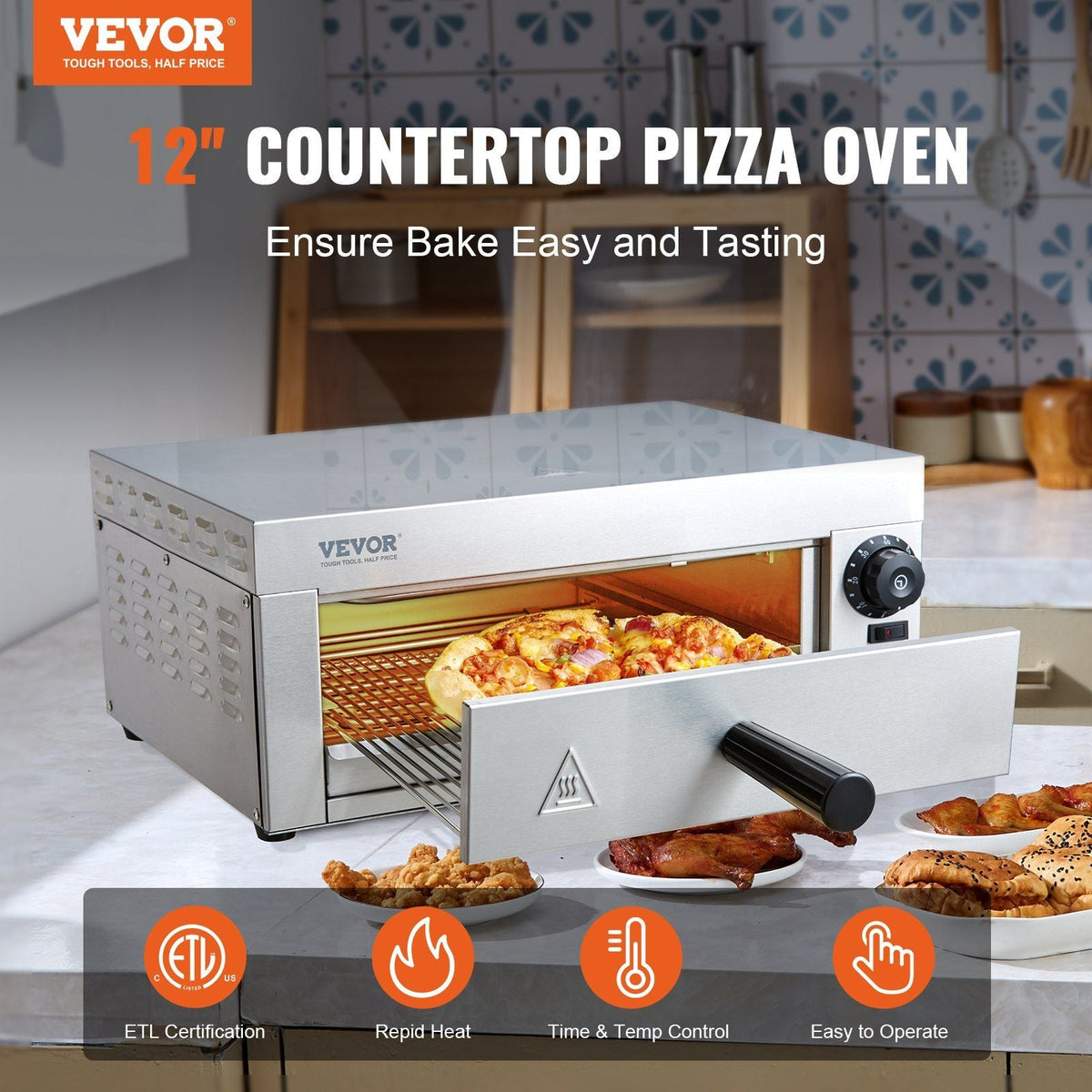 Electric Countertop Pizza Oven 12-inch, 1500W Commercial Pizza Oven with Adjustable Temp, 0-60 Minutes Timer, 360° Uniform Baking Pizza Maker & Removable Crumb Tray for Commercial and Home Use