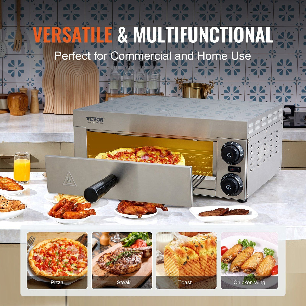 Electric Countertop Pizza Oven 12-inch, 1500W Commercial Pizza Oven with Adjustable Temp, 0-60 Minutes Timer, 360° Uniform Baking Pizza Maker & Removable Crumb Tray for Commercial and Home Use