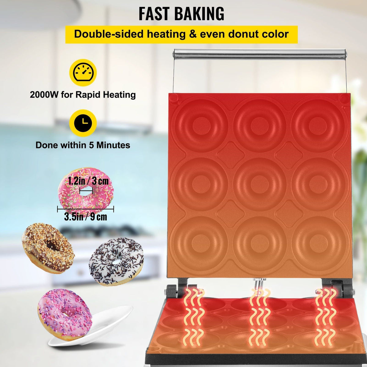 Electric Donut Maker, 9 Holes Commercial Donut Machine, 2000W Electric Doughnut Machine, Double-Sided Heating Commercial Donut Maker, for Home & Commercial Use with Non-stick Teflon Coating