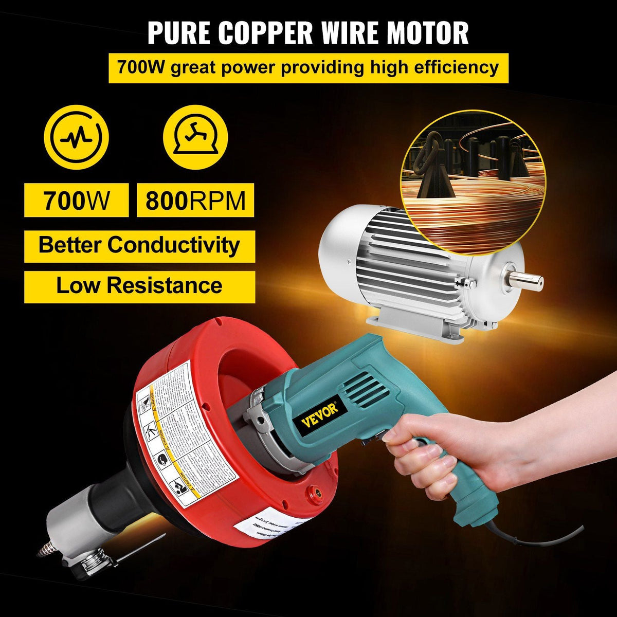 Electric Drain Auger Cleaner, 26 ft x 1/3 in Cable Sewer Snake Machine with Gloves, Portable Plumbing Tool for Unclogging 0.8 to 2.6 inch Pipes at Sinks/Tubs/Toilets/Kitchen, 700W Red