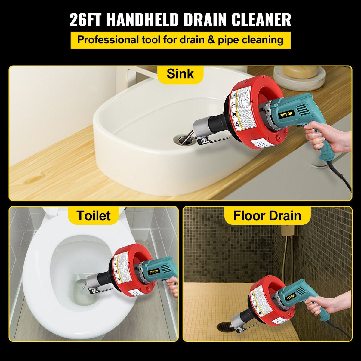 Electric Drain Auger Cleaner, 26 ft x 1/3 in Cable Sewer Snake Machine with Gloves, Portable Plumbing Tool for Unclogging 0.8 to 2.6 inch Pipes at Sinks/Tubs/Toilets/Kitchen, 700W Red