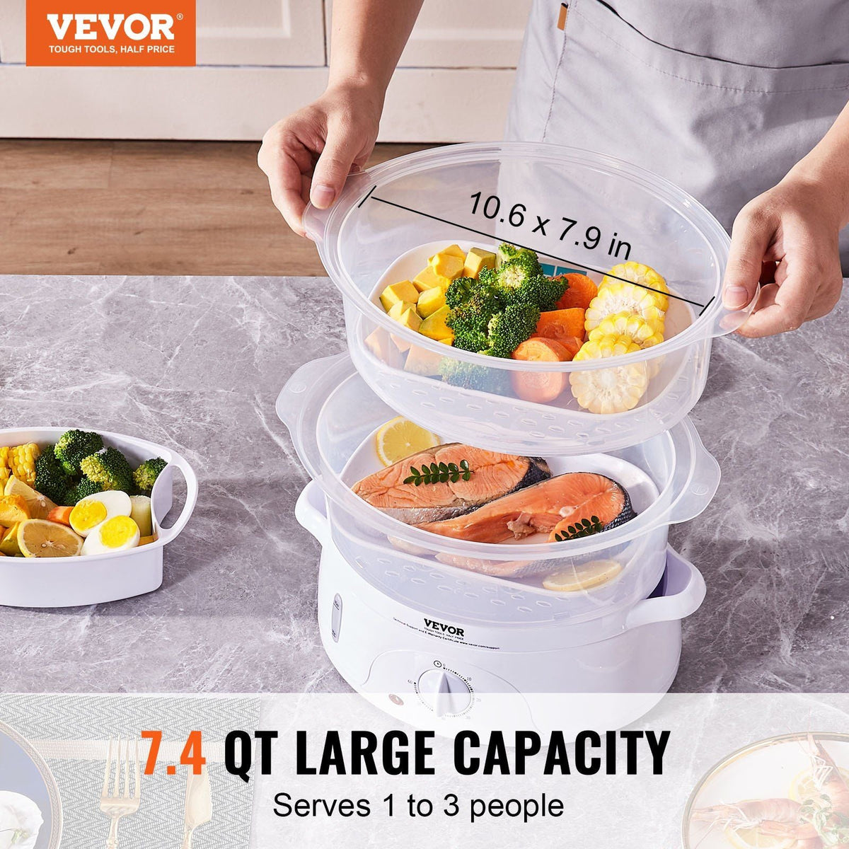 Electric Food Steamer, 7.4Qt/7L Electric Vegetable Steamer with 2-Tier Stackable Trays, 800W Food-Grade Food Steamer for Cooking with 60-Min Timer, Auto Shut-Off and Boil Dry Protection