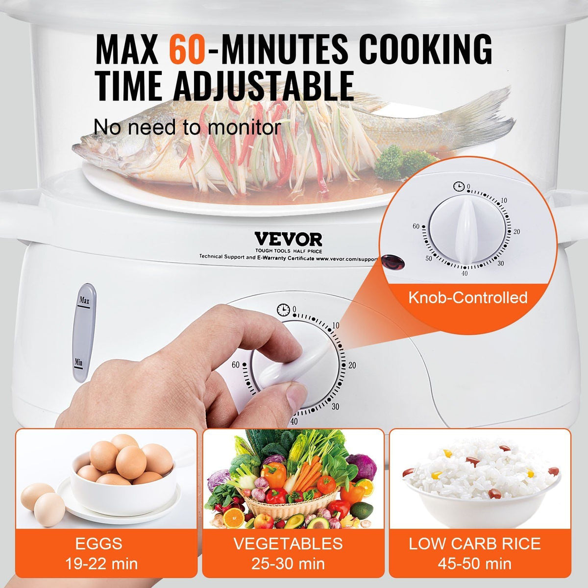 Electric Food Steamer, 7.4Qt/7L Electric Vegetable Steamer with 2-Tier Stackable Trays, 800W Food-Grade Food Steamer for Cooking with 60-Min Timer, Auto Shut-Off and Boil Dry Protection