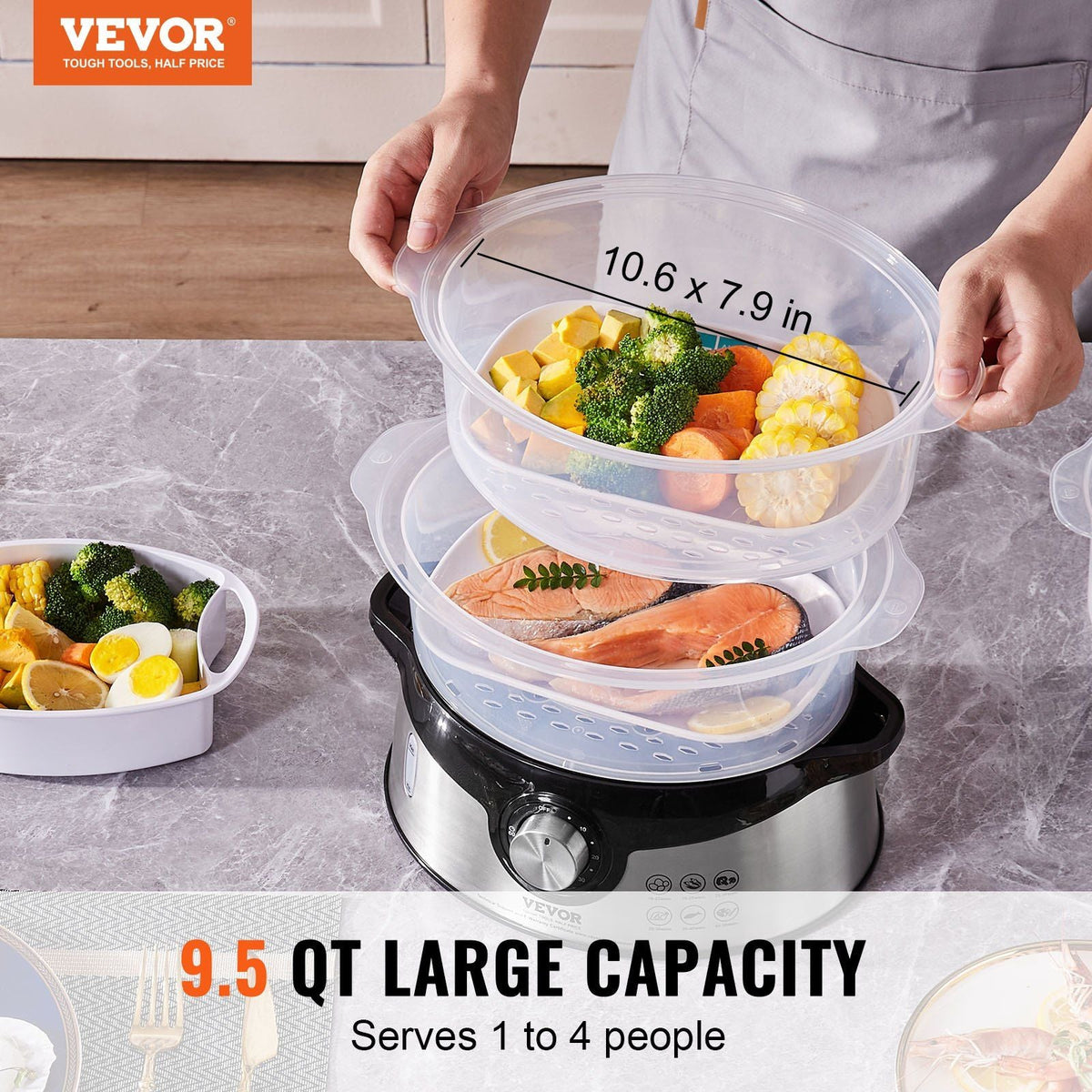 Electric Food Steamer, 9.5Qt/9L Electric Vegetable Steamer with 3-Tier Stackable Trays, 800W Food-Grade Food Steamer for Cooking with 60-Min Timer, Auto Shut-Off and Boil Dry Protection