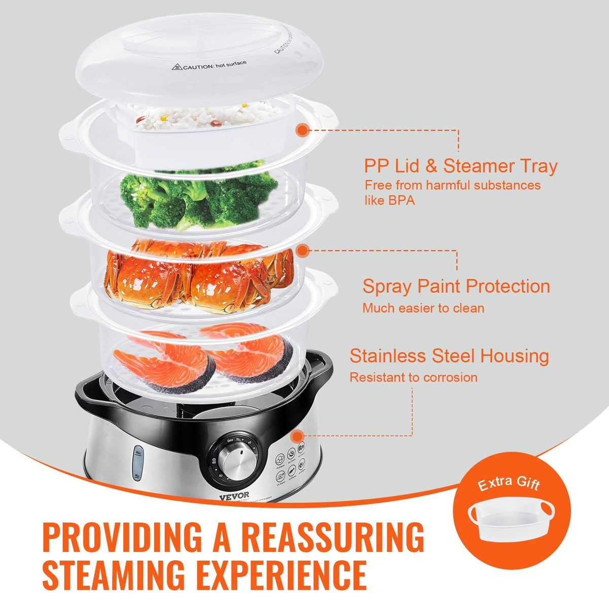 Electric Food Steamer, 9.5Qt/9L Electric Vegetable Steamer with 3-Tier Stackable Trays, 800W Food-Grade Food Steamer for Cooking with 60-Min Timer, Auto Shut-Off and Boil Dry Protection