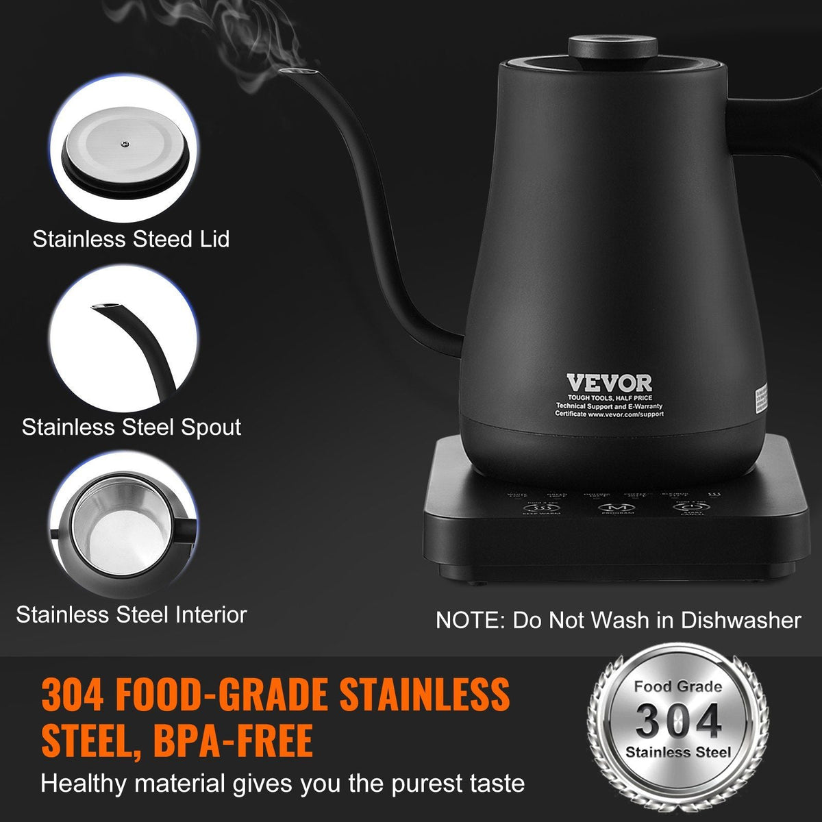 Electric Gooseneck Kettle 1L, Temperature Control Pour Over Coffee Kettle with 5 Variable Presets, 304 Food Grade Stainless Steel Hot Water Tea Boiler & Boil-Dry Protection, Keep Warm, 1200W