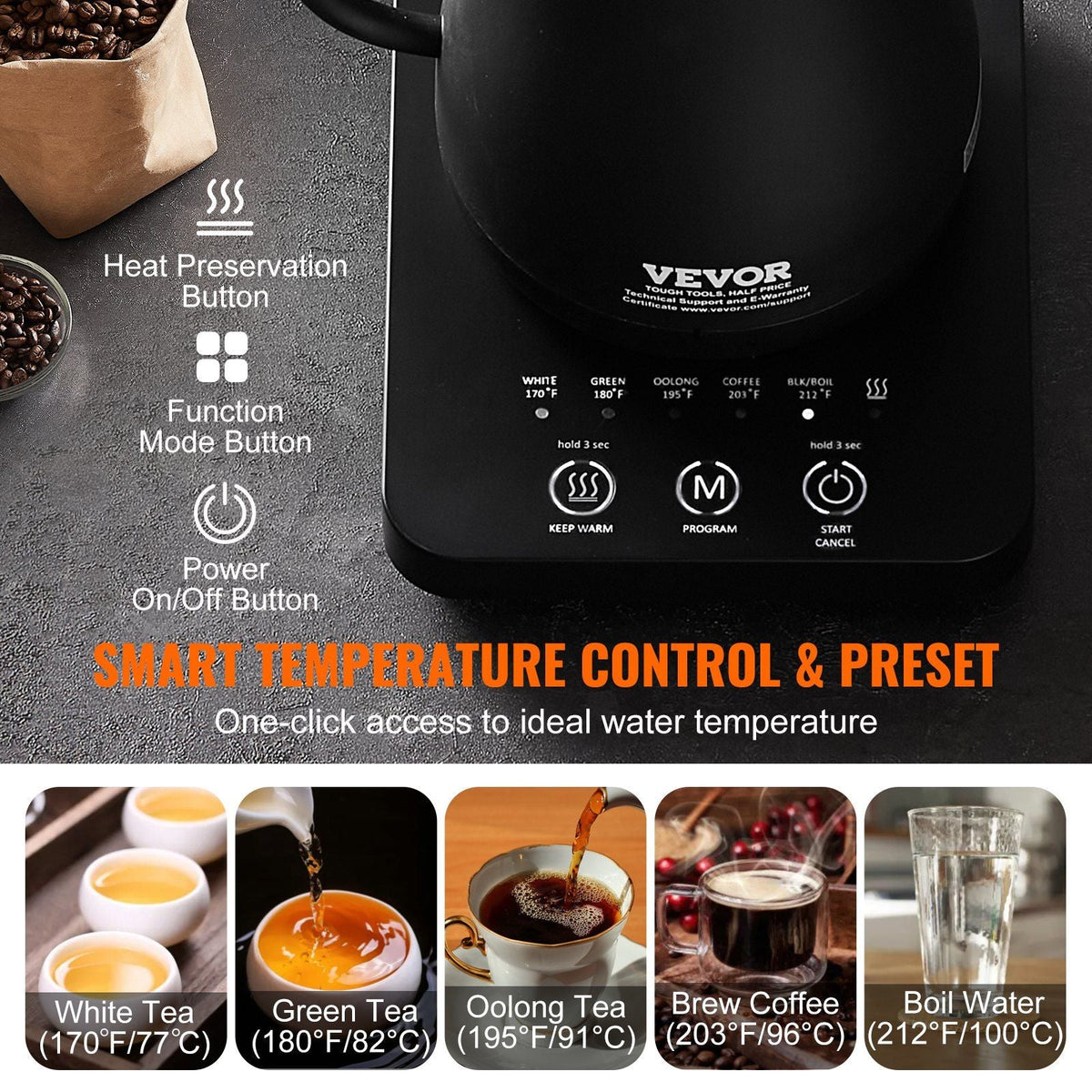 Electric Gooseneck Kettle 1L, Temperature Control Pour Over Coffee Kettle with 5 Variable Presets, 304 Food Grade Stainless Steel Hot Water Tea Boiler & Boil-Dry Protection, Keep Warm, 1200W