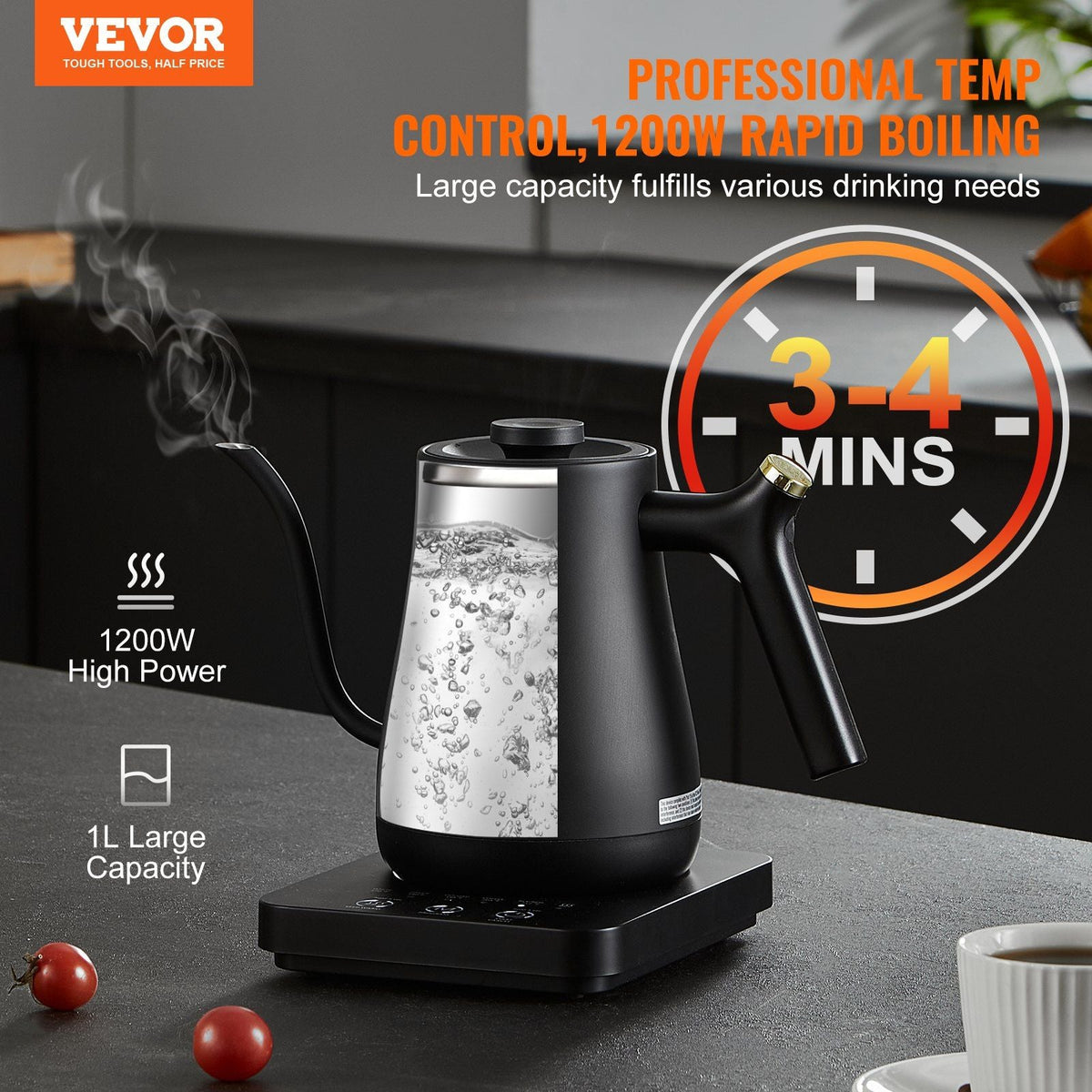 Electric Gooseneck Kettle 1L, Temperature Control Pour Over Coffee Kettle with 5 Variable Presets, 304 Food Grade Stainless Steel Hot Water Tea Boiler & Boil-Dry Protection, Keep Warm, 1200W
