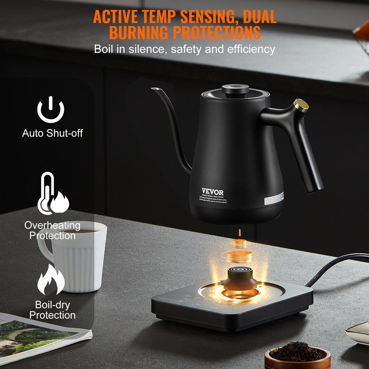 Electric Gooseneck Kettle 1L, Temperature Control Pour Over Coffee Kettle with 5 Variable Presets, 304 Food Grade Stainless Steel Hot Water Tea Boiler & Boil-Dry Protection, Keep Warm, 1200W