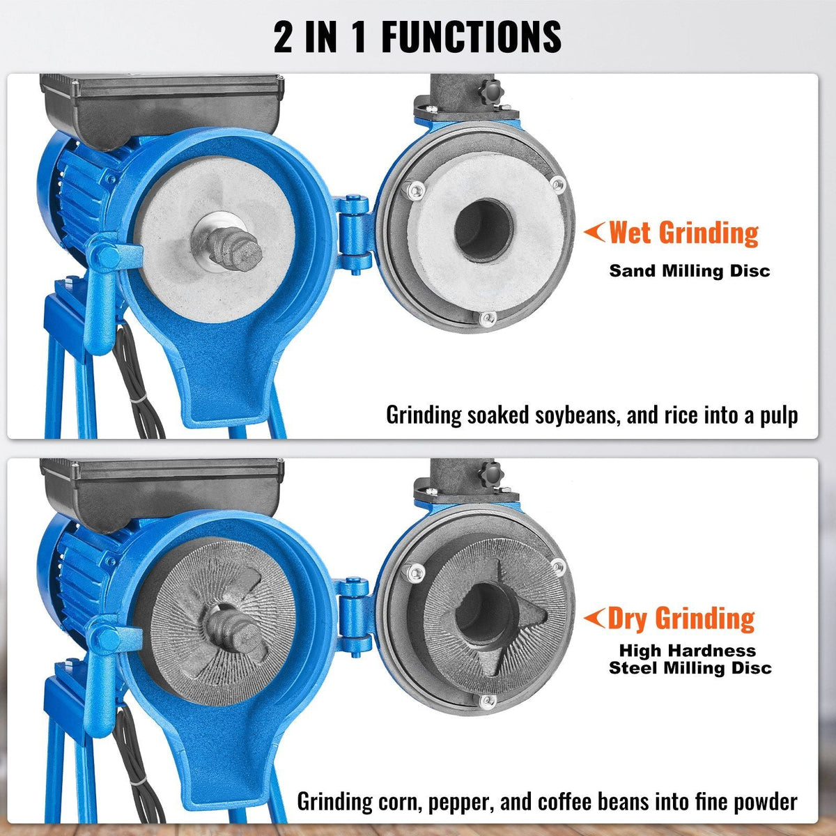 Electric Grain Mill Grinder, 1500W 110V Spice Grinders, Commercial Corn Mill with Funnel, Thickness Adjustable Powder Machine, Heavy Duty Feed Flour Cereal Mill Wheat Grinders, Dry & Wet Grinder