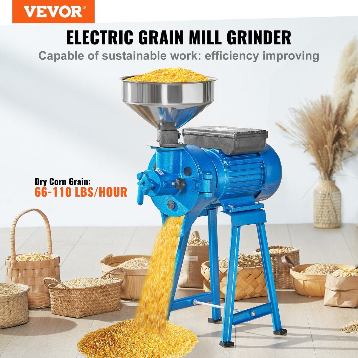 Electric Grain Mill Grinder, 1500W 110V Spice Grinders, Commercial Corn Mill with Funnel, Thickness Adjustable Powder Machine, Heavy Duty Feed Flour Cereal Mill Wheat Grinders, Dry & Wet Grinder