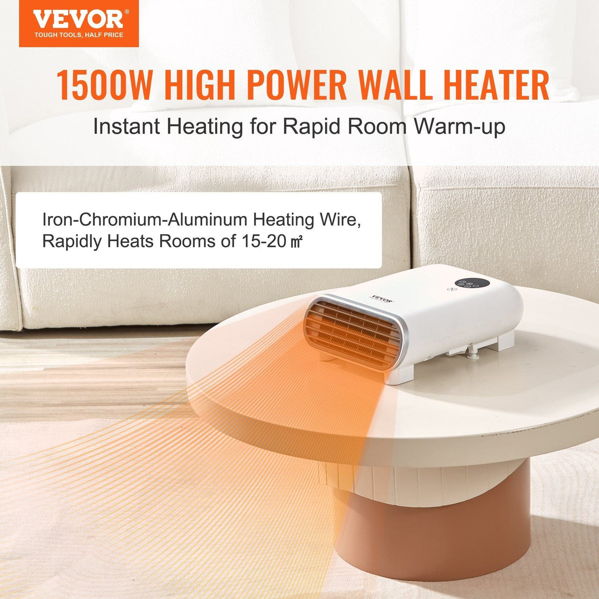 Electric Wall Heater 1500W, Small Space Heaters with Touch Screen & Wireless Remote Control, Tip-Over & Overheat & IPX24 Waterproof Safety Protection, Wall-Mount/Tabletop for Indoor Use, White
