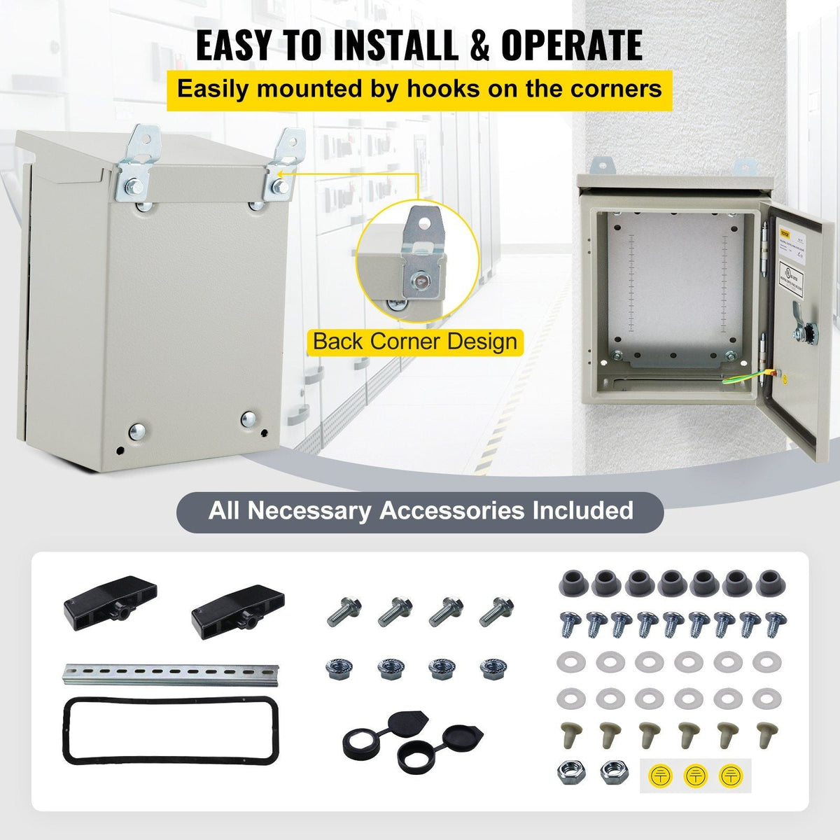 Electrical Enclosure, 12x10x6", Tested to UL Standards NEMA 4 Outdoor Enclosure, IP65 Waterproof & Dustproof Cold-Rolled Carbon Steel Hinged Junction Box for Outdoor Indoor Use, with Rain H
