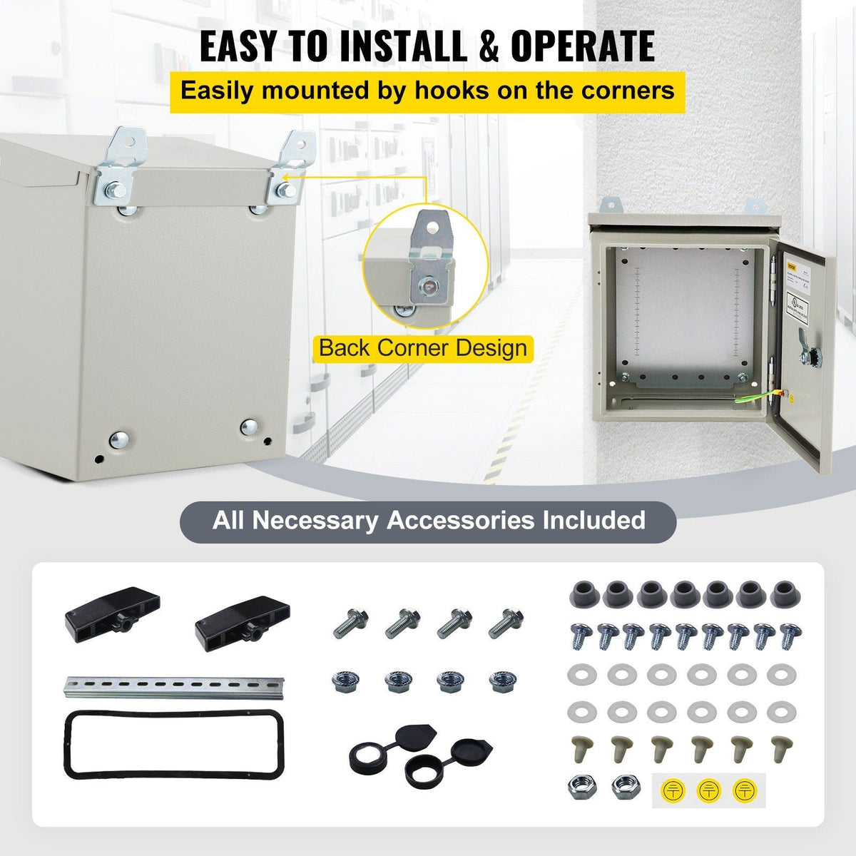 Electrical Enclosure, 12x12x6", Tested to UL Standards NEMA 4 Outdoor Enclosure, IP65 Waterproof & Dustproof Cold-Rolled Carbon Steel Hinged Junction Box for Outdoor Indoor Use, with Rain H