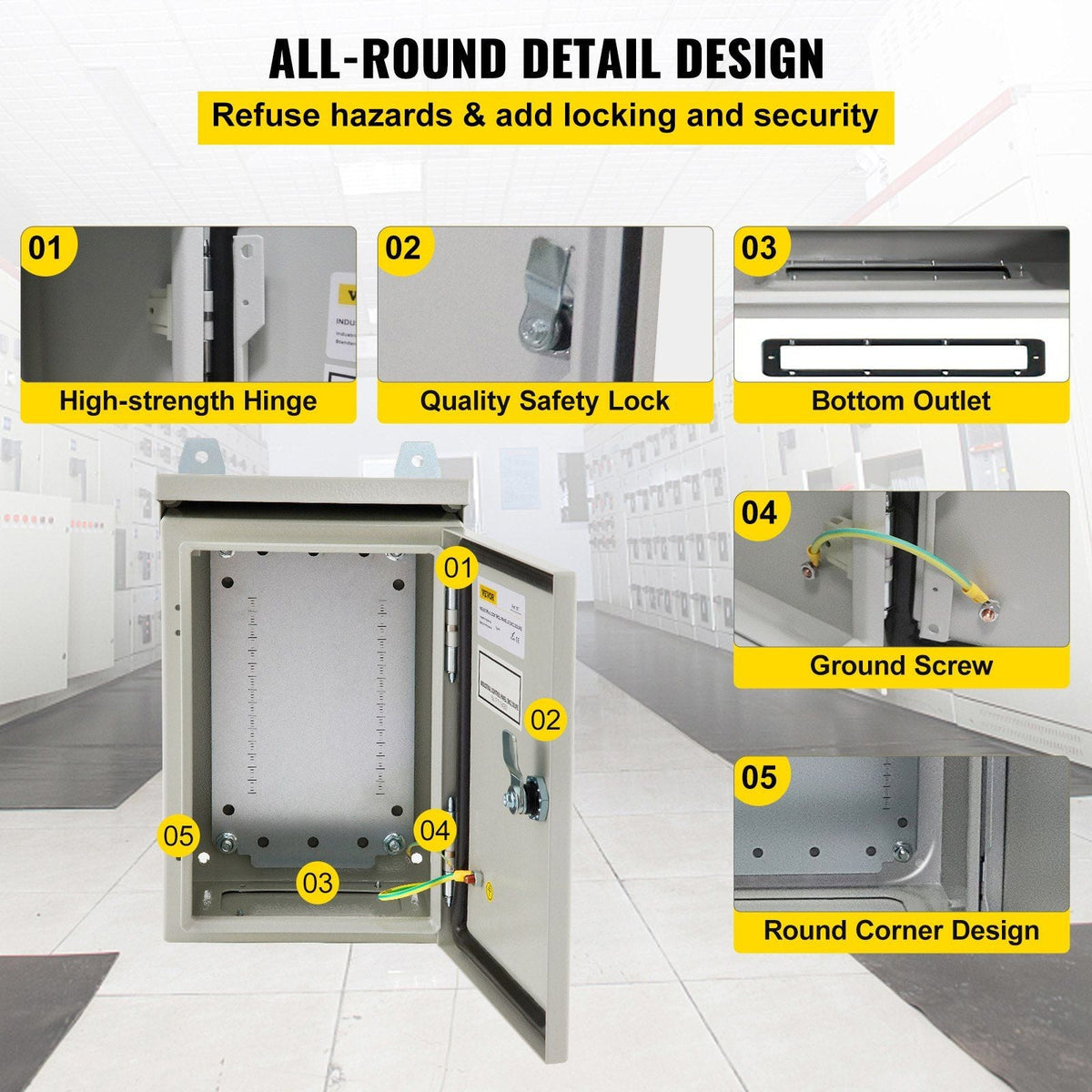 Electrical Enclosure, 12x8x8in, Tested to UL Standards NEMA 4 Outdoor Enclosure, IP65 Waterproof & Dustproof Cold-Rolled Carbon Steel Hinged Junction Box for Outdoor Indoor Use, with Rain Hood