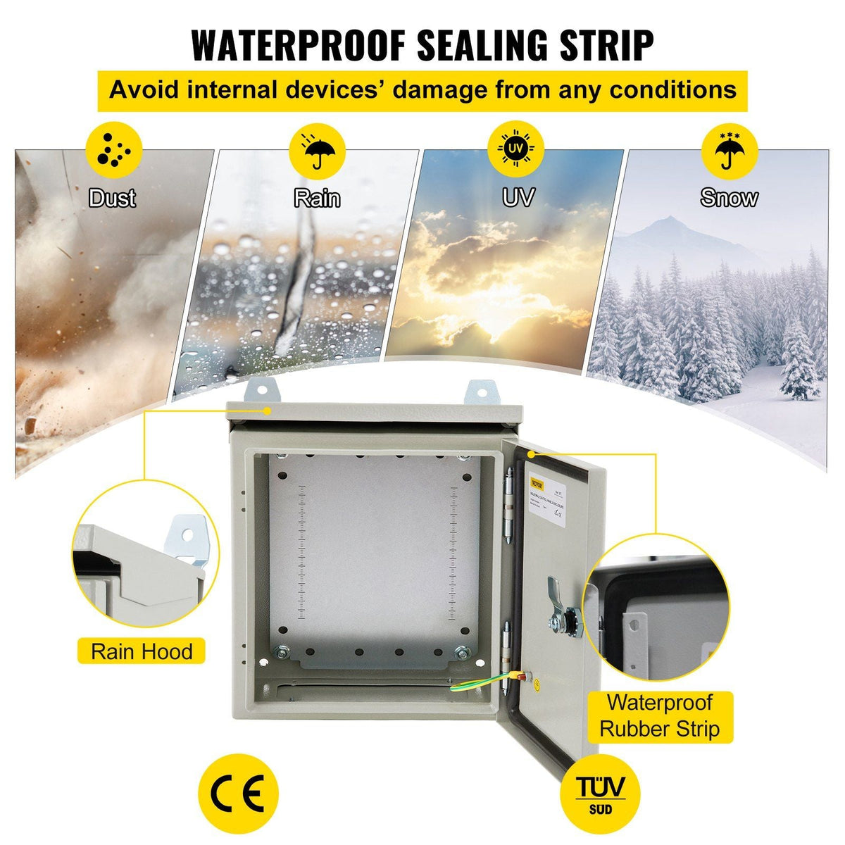 Electrical Enclosure, 16x16x6in, Tested to UL Standards NEMA 4 Outdoor Enclosure, IP65 Waterproof & Dustproof Cold-Rolled Carbon Steel Hinged Junction Box for Outdoor Indoor Use, with Rain Hood