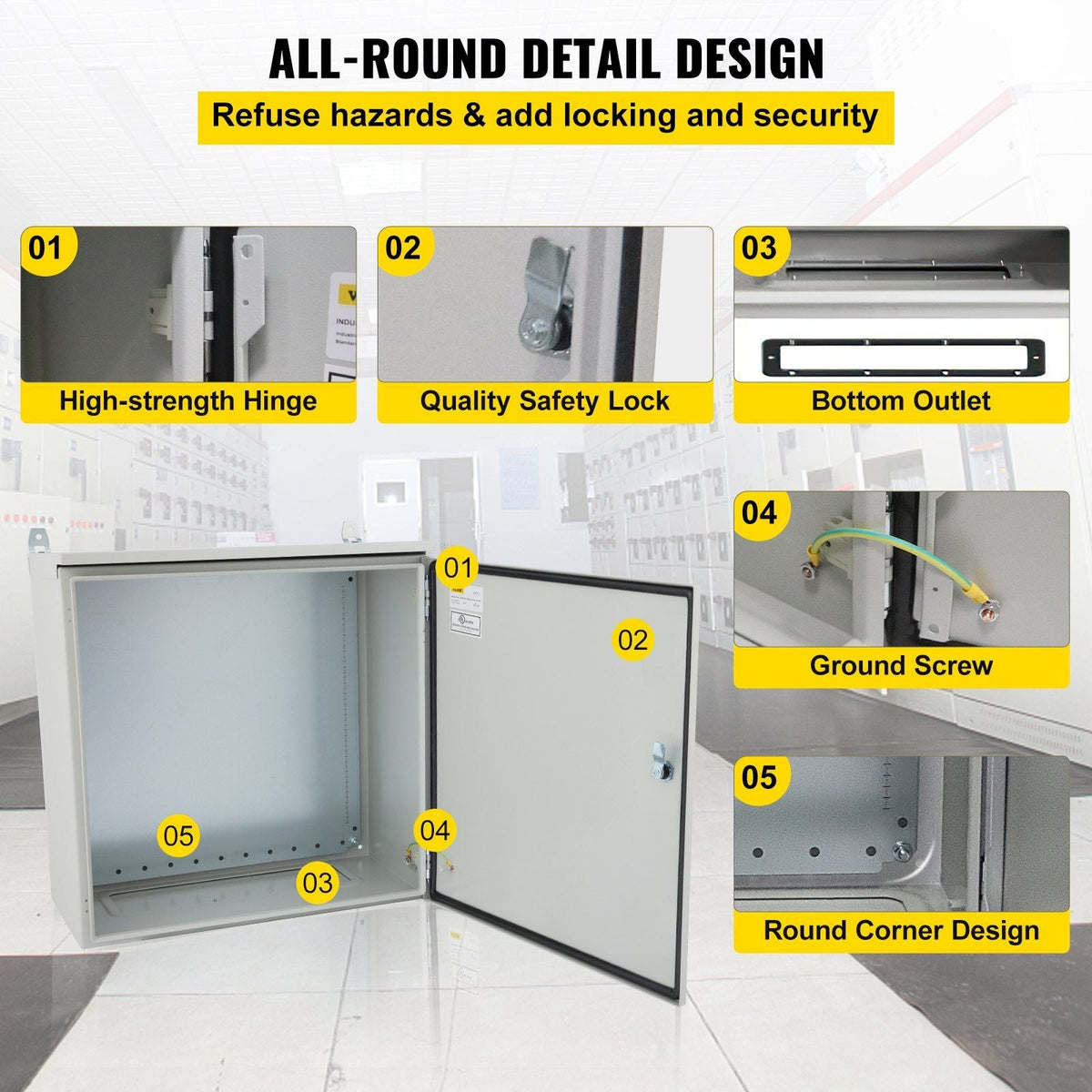 Electrical Enclosure, 20x20x6in, Tested to UL Standards NEMA 4 Outdoor Enclosure, IP65 Waterproof & Dustproof Cold-Rolled Carbon Steel Hinged Junction Box for Outdoor Indoor Use, with Rain Hood