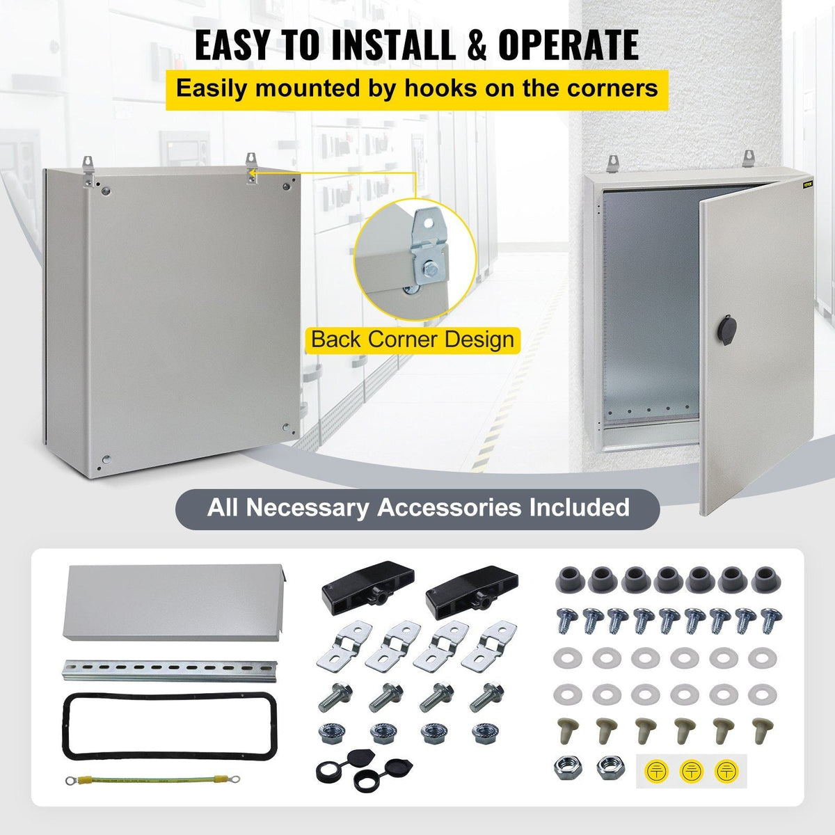 Electrical Enclosure, 20x20x6in, Tested to UL Standards NEMA 4 Outdoor Enclosure, IP65 Waterproof & Dustproof Cold-Rolled Carbon Steel Hinged Junction Box for Outdoor Indoor Use, with Rain Hood