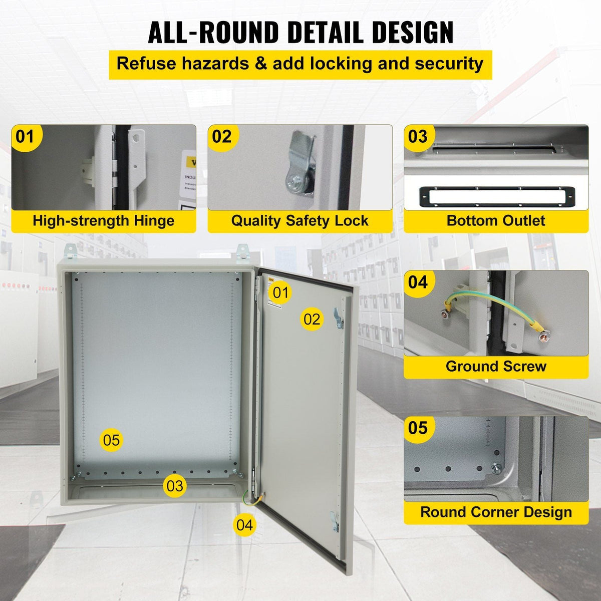 Electrical Enclosure, 24x16x10", Tested to UL Standards NEMA 4 Outdoor Enclosure, IP65 Waterproof & Dustproof Cold-Rolled Carbon Steel Hinged Junction Box for Outdoor Indoor Use, with Rain Hood