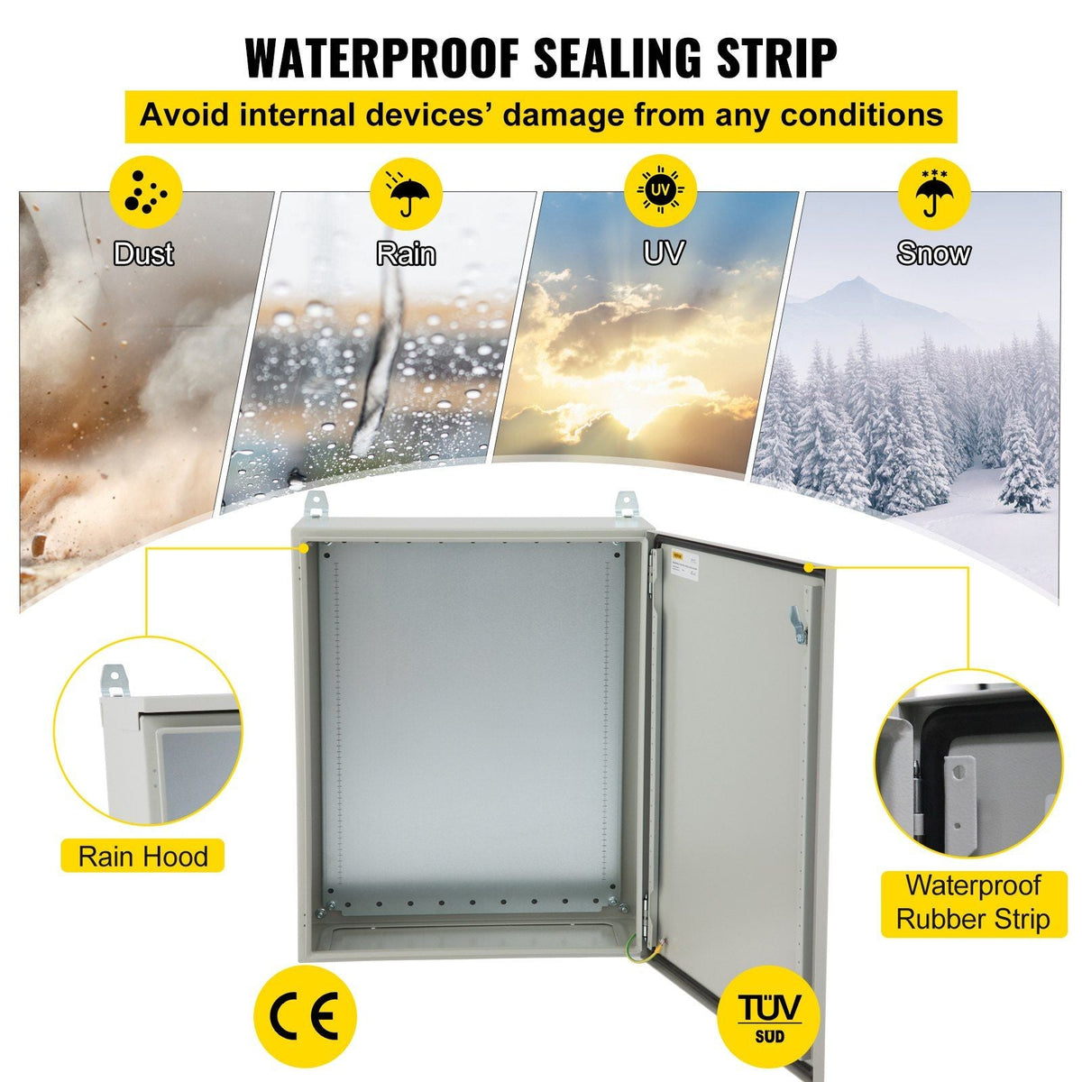 Electrical Enclosure, 24x16x10", Tested to UL Standards NEMA 4 Outdoor Enclosure, IP65 Waterproof & Dustproof Cold-Rolled Carbon Steel Hinged Junction Box for Outdoor Indoor Use, with Rain Hood