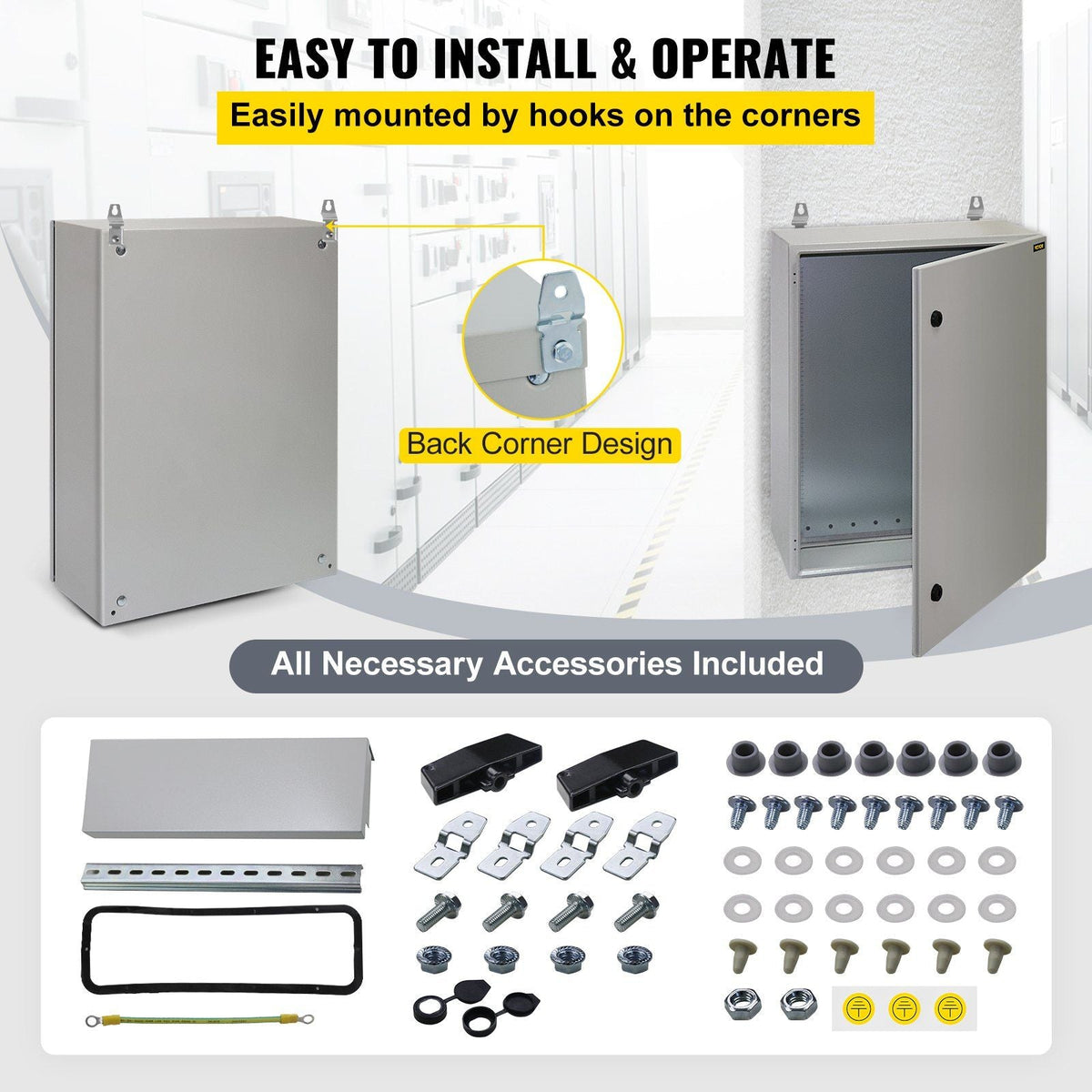 Electrical Enclosure, 24x16x10", Tested to UL Standards NEMA 4 Outdoor Enclosure, IP65 Waterproof & Dustproof Cold-Rolled Carbon Steel Hinged Junction Box for Outdoor Indoor Use, with Rain Hood