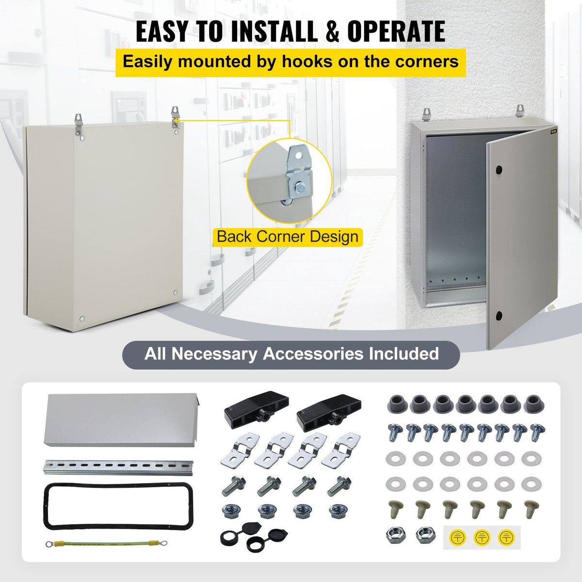 Electrical Enclosure, 24"x16"x12", Tested to UL Standards NEMA 4 Outdoor Enclosure, IP65 Waterproof & Dustproof Cold-Rolled Carbon Steel Hinged Junction Box for Outdoor Indoor Use, with Rain