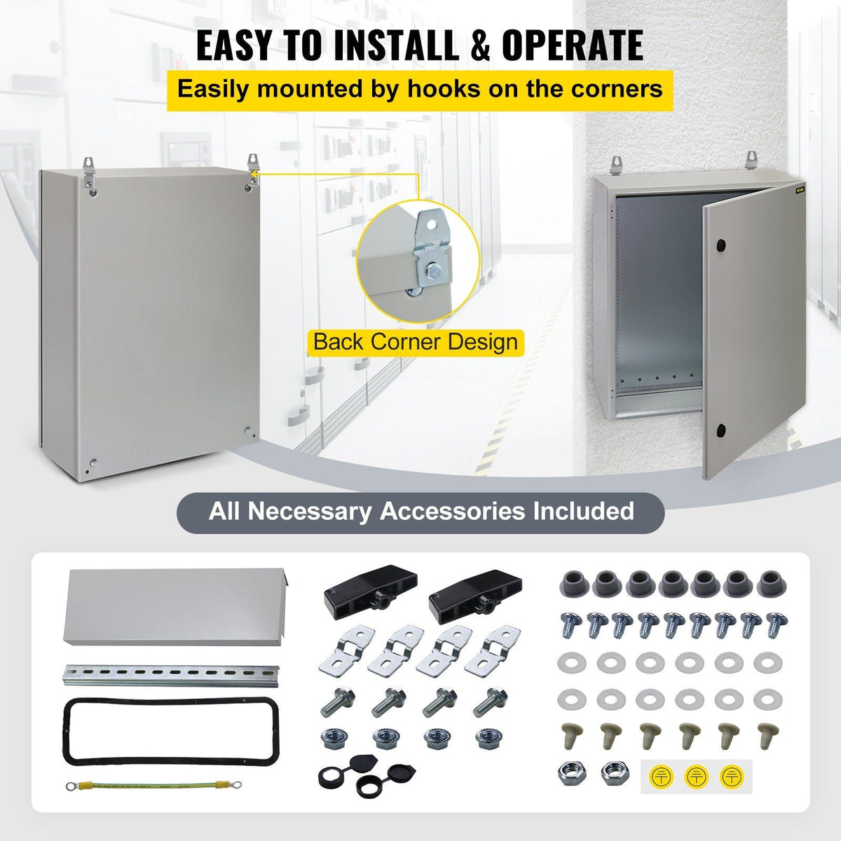 Electrical Enclosure, 28x20x8in, Tested to UL Standards NEMA 4 Outdoor Enclosure, IP65 Waterproof & Dustproof Cold-Rolled Carbon Steel Hinged Junction Box for Outdoor Indoor Use, with Rain Hood