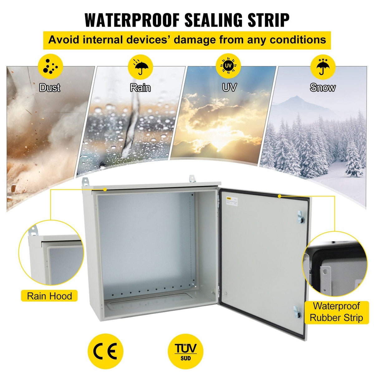 Electrical Enclosure, 28x20x8in, Tested to UL Standards NEMA 4 Outdoor Enclosure, IP65 Waterproof & Dustproof Cold-Rolled Carbon Steel Hinged Junction Box for Outdoor Indoor Use, with Rain Hood