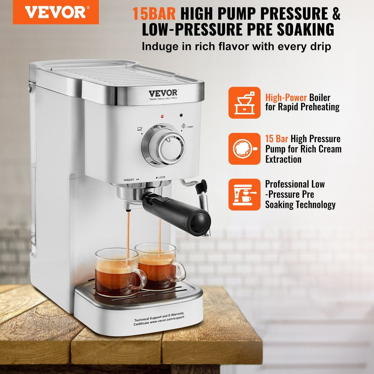 Espresso Coffee Machine, 15Bar Semi-Automatic Espresso Maker with Milk Frother Steam Wand, Professional Cappuccino Latte Machine with High-Power Boiler & Removable Water Tank, NTC Control System