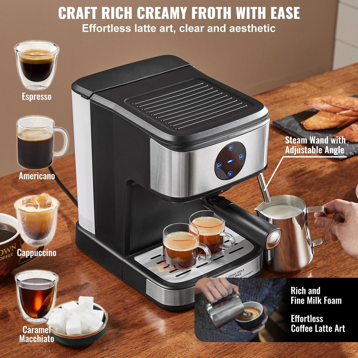 Espresso Machine, 15 Bar Coffee and Espresso Maker with Milk Frother Steam Wand, Professional Semi-Automatic Cappuccino Latte Machine with Touch Screen & Removable Water Tank, NTC Control System