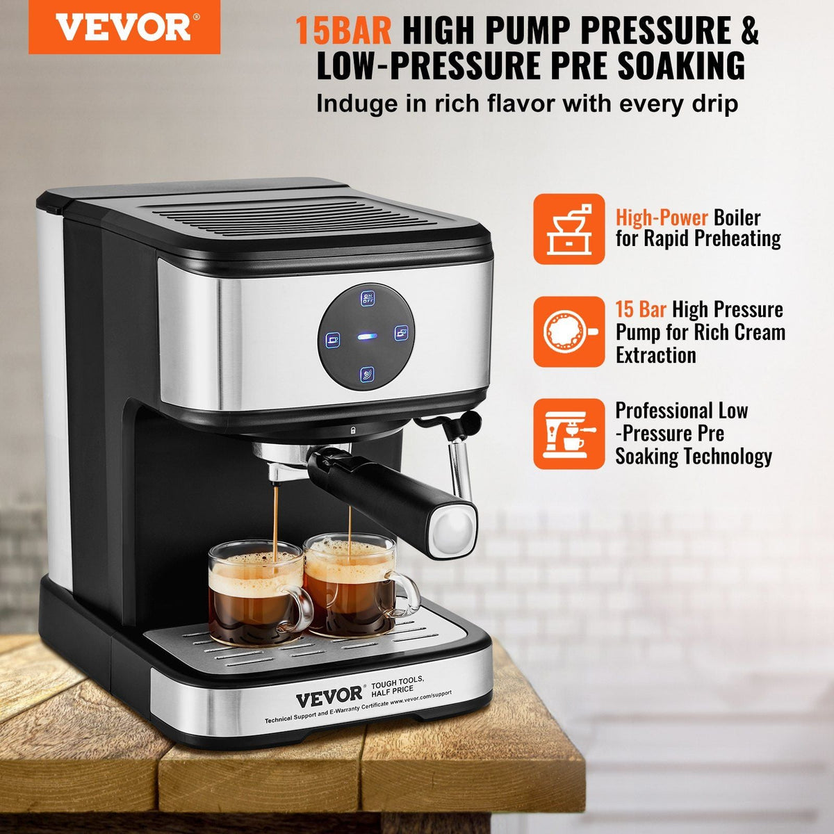 Espresso Machine, 15 Bar Coffee and Espresso Maker with Milk Frother Steam Wand, Professional Semi-Automatic Cappuccino Latte Machine with Touch Screen & Removable Water Tank, NTC Control System